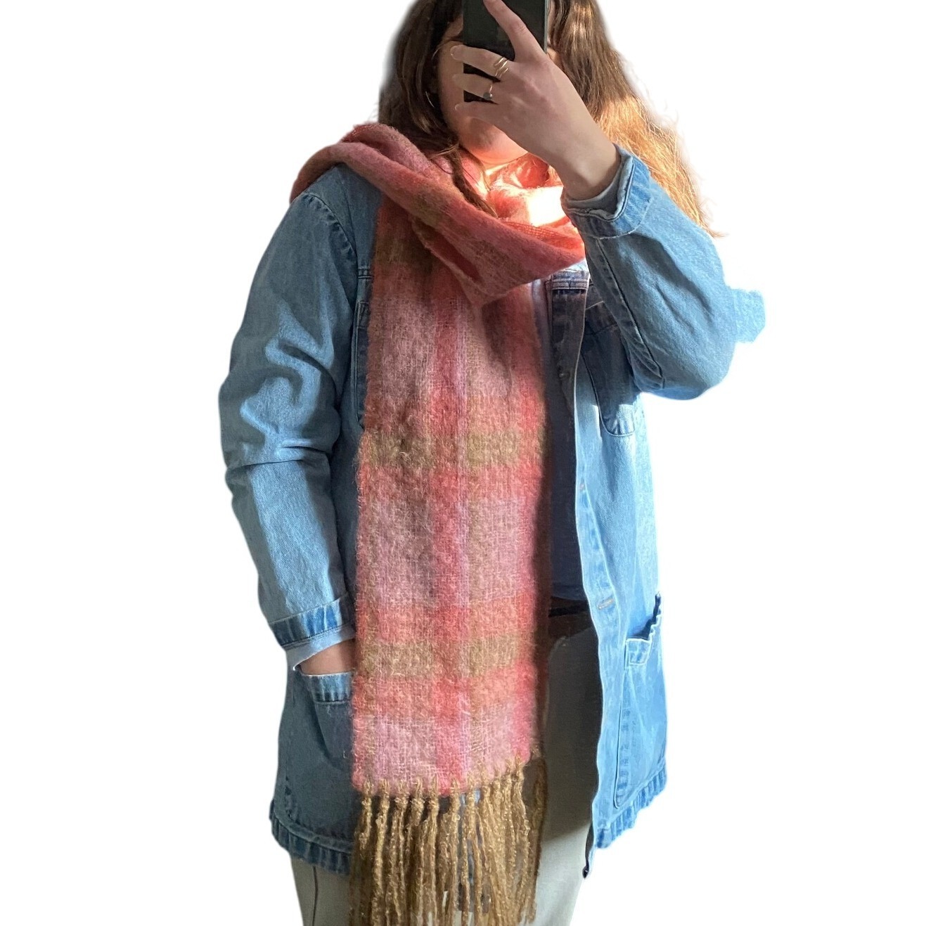 Vintage Mohair Wool Woven Plaid Fringe Pink Scarf Soft Warm Scandigirl Winter